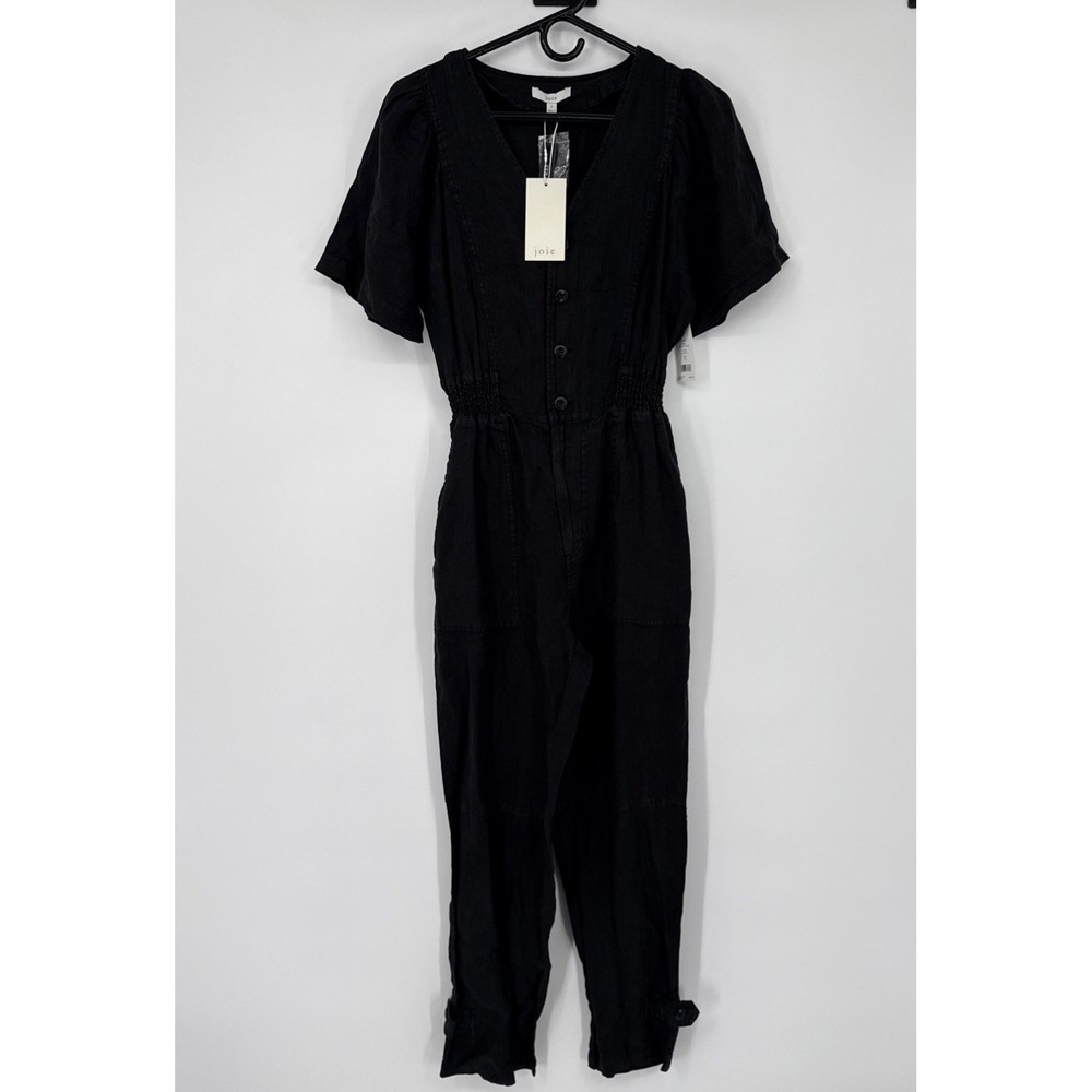 NWT $298 Joie Womens Bramwell Jumpsuit Black S Linen Smocked Waist Boho Gothcore